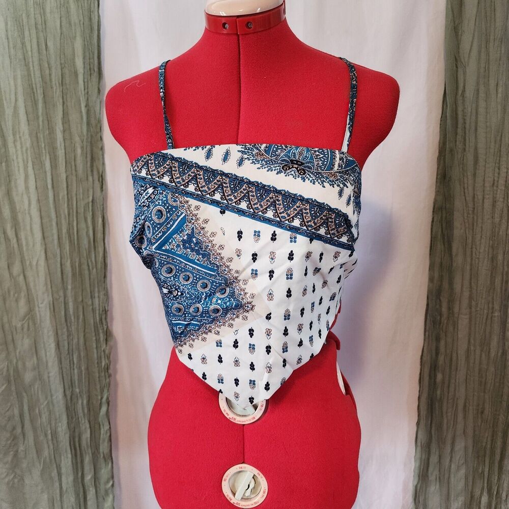 Blue‎ Silky Bandana Style Wrap Top Ties in the Back Summer Blouse Shein Size XL
